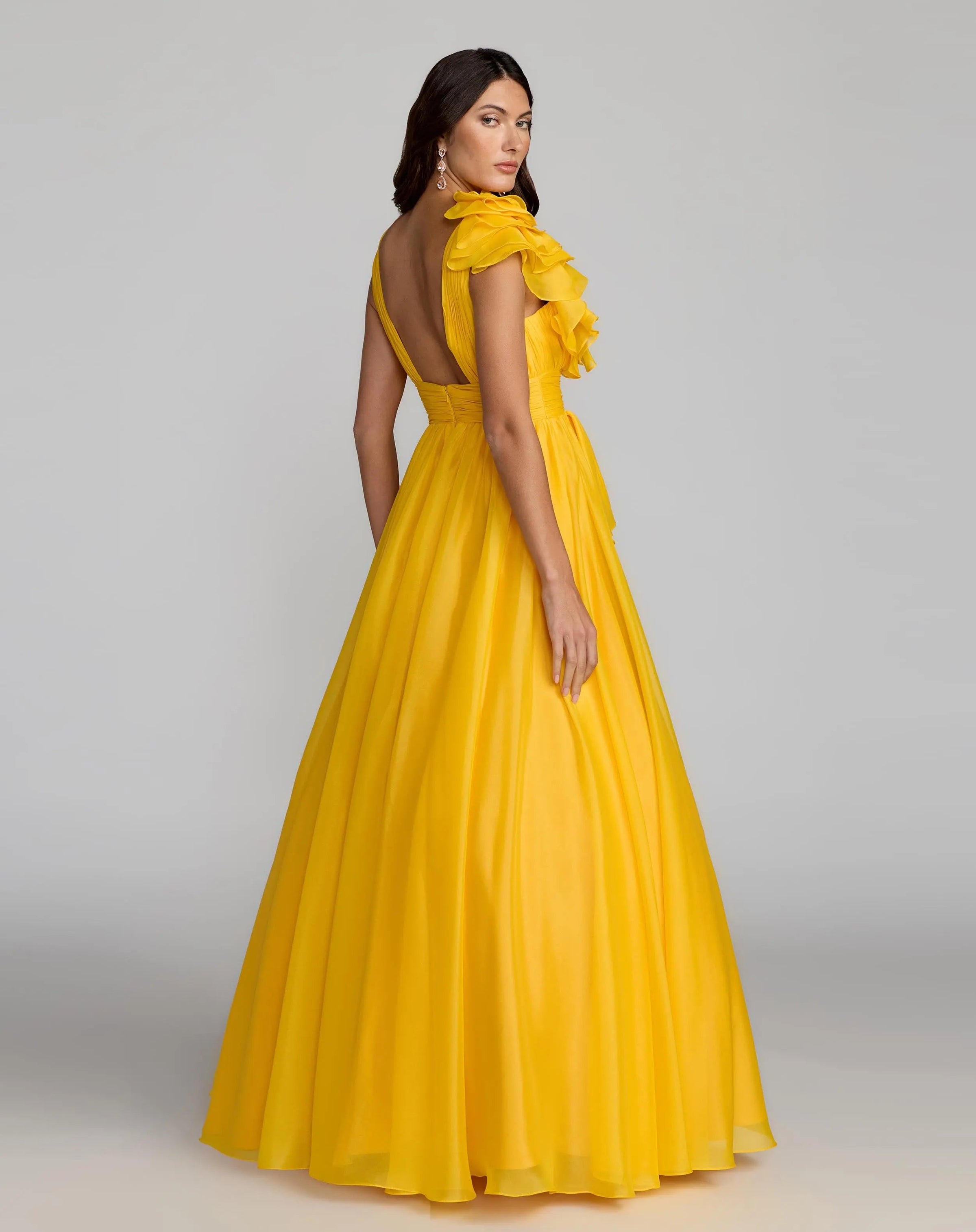 Mac Duggal #48856 marigold ruffle shoulder v-neck chiffon gown