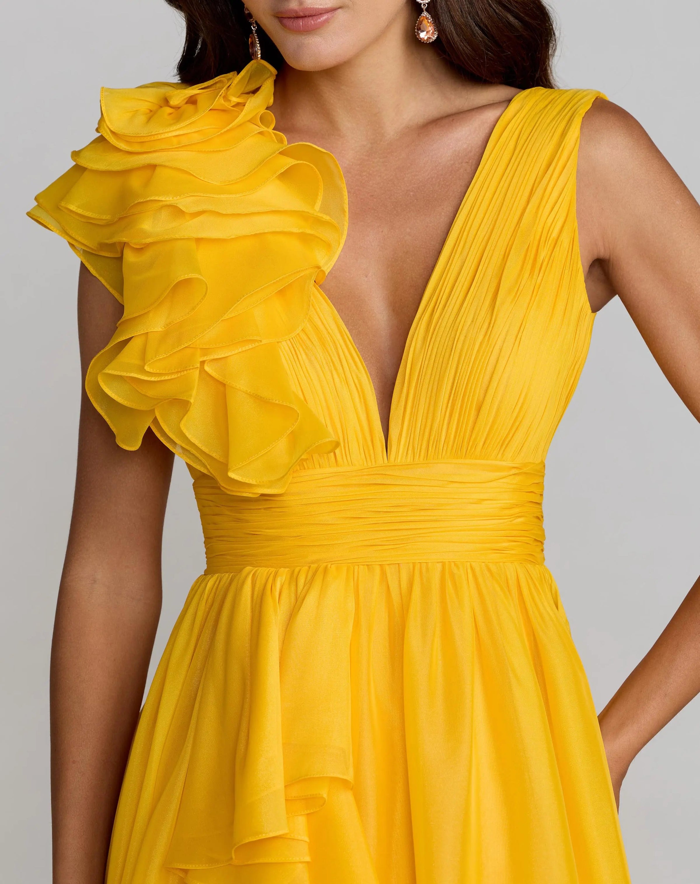 Mac Duggal #48856 marigold ruffle shoulder v-neck chiffon gown