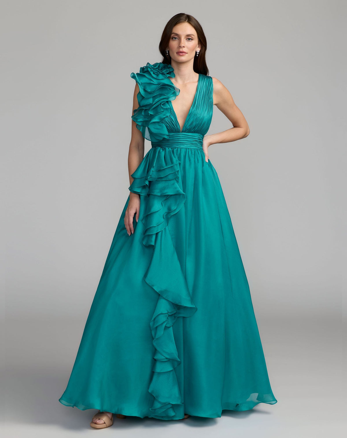 Mac Duggal #48856 Shoulder Detail Ruffle A Line Gown Teal