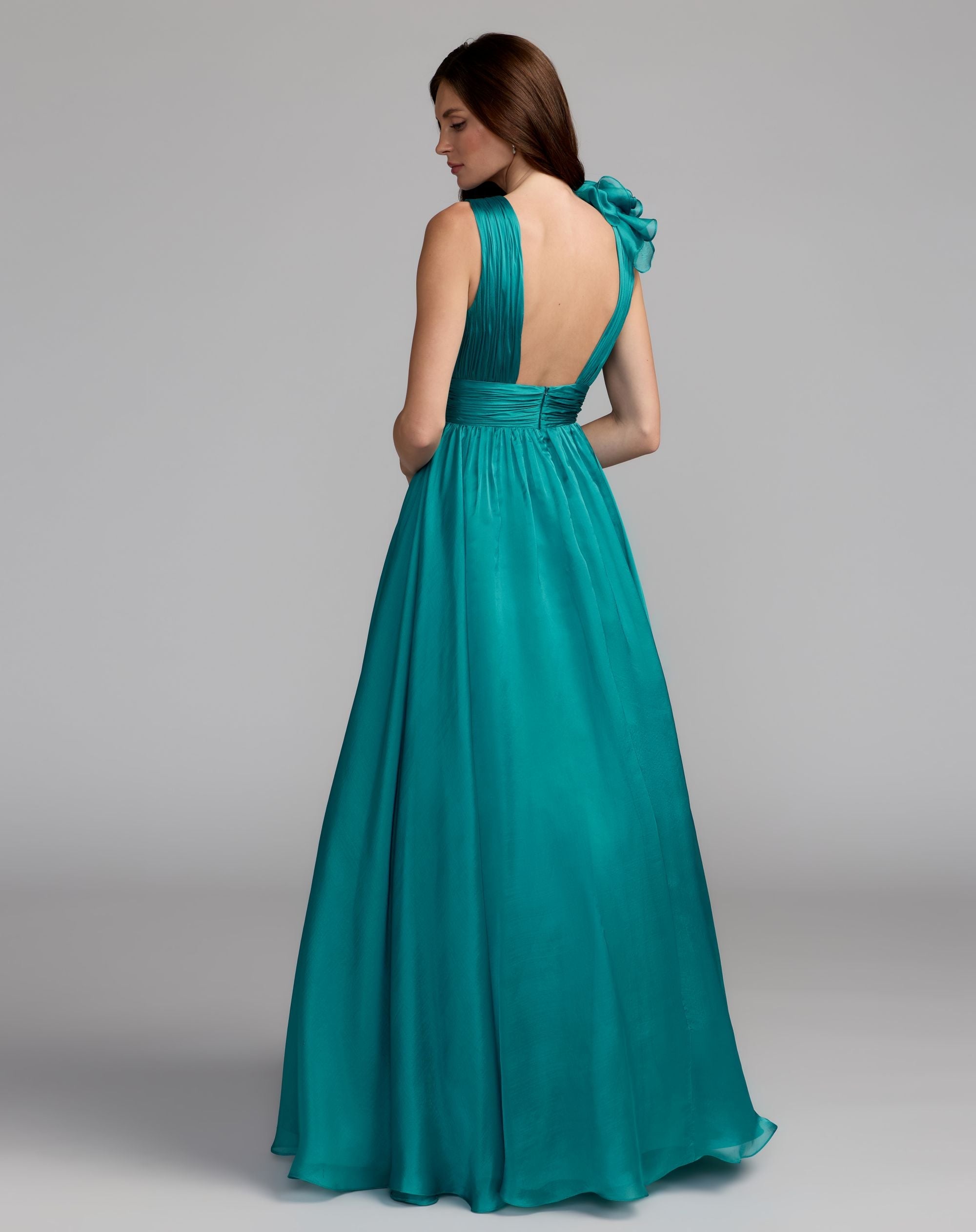Shoulder Detail Ruffle A Line Gown - Teal