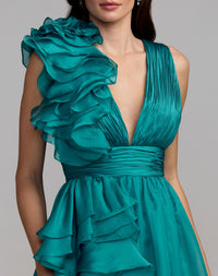 Shoulder Detail Ruffle A Line Gown - Teal