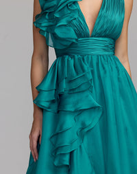 Shoulder Detail Ruffle A Line Gown - Teal