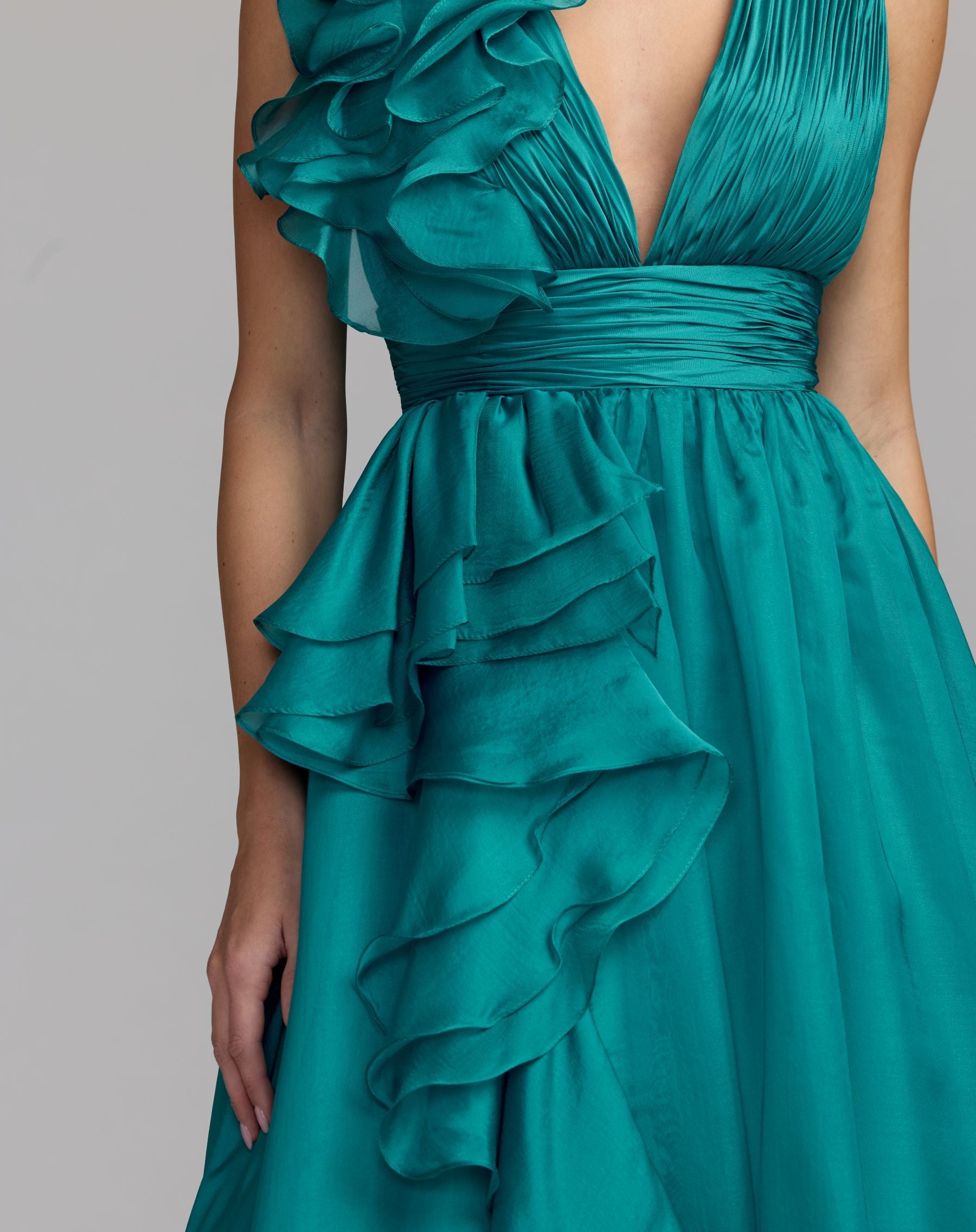 Shoulder Detail Ruffle A Line Gown - Teal