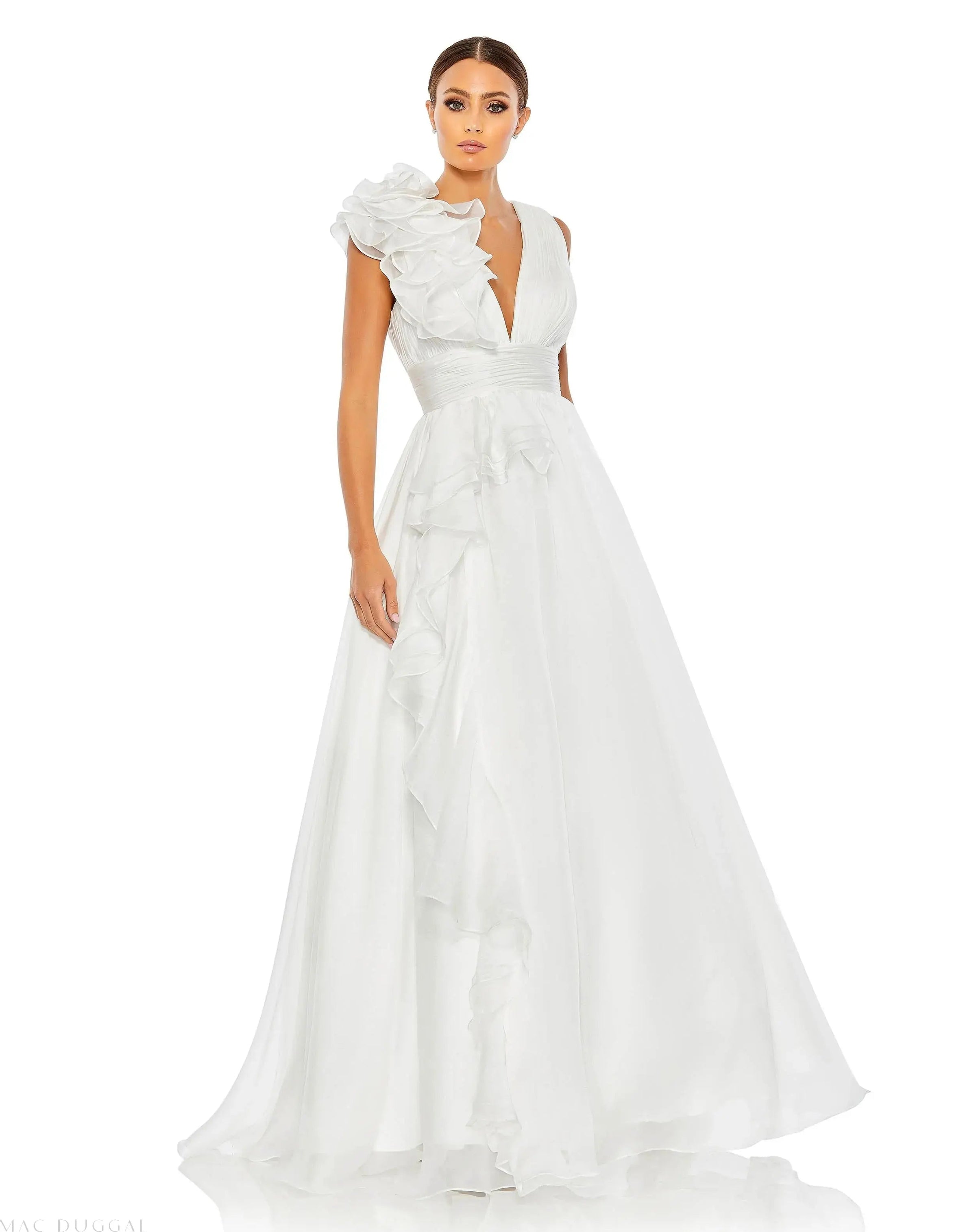 Mac Duggal #48856 white ruffle shoulder v-neck chiffon gown