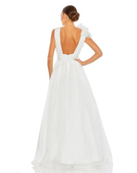 Mac Duggal #48856 white ruffle shoulder v-neck chiffon gown