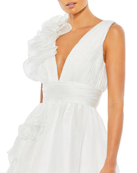 Mac Duggal #48856 white ruffle shoulder v-neck chiffon gown