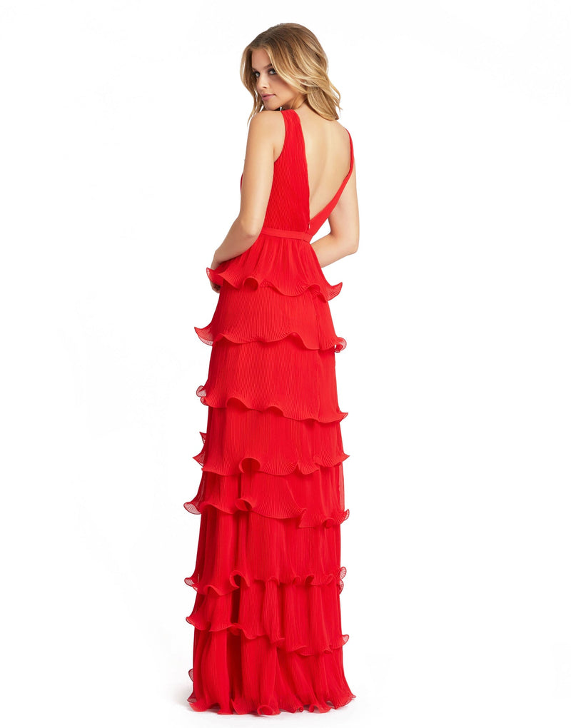 Sleeveless V Neck Ruffle Tiered V Neck Gown - Black