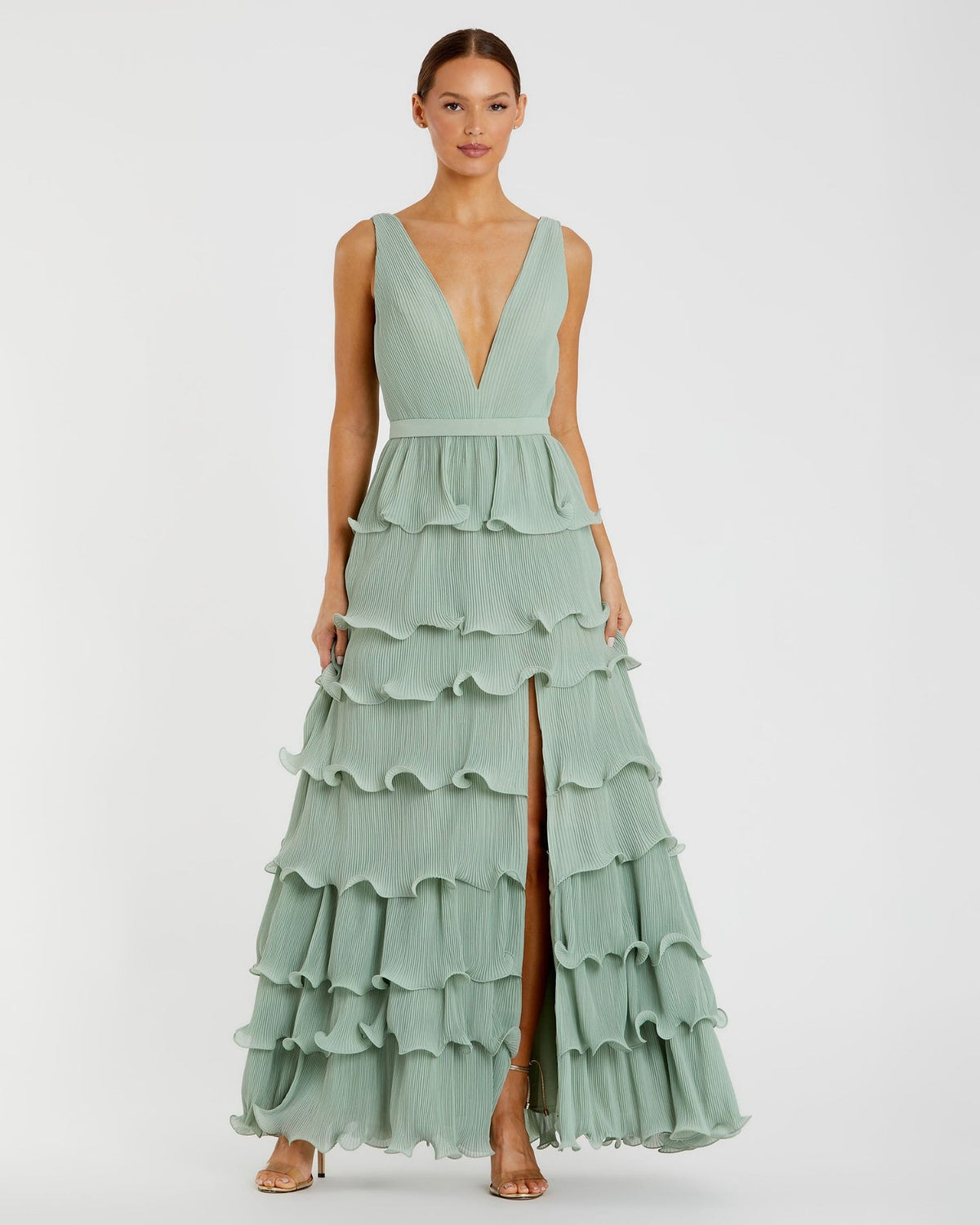 Mac Duggal #49054, Sleeveless V Neck Ruffle Tiered V Neck Gown - Sage 