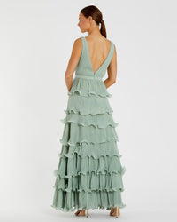 Sleeveless V Neck Ruffle Tiered V Neck Gown - Sage