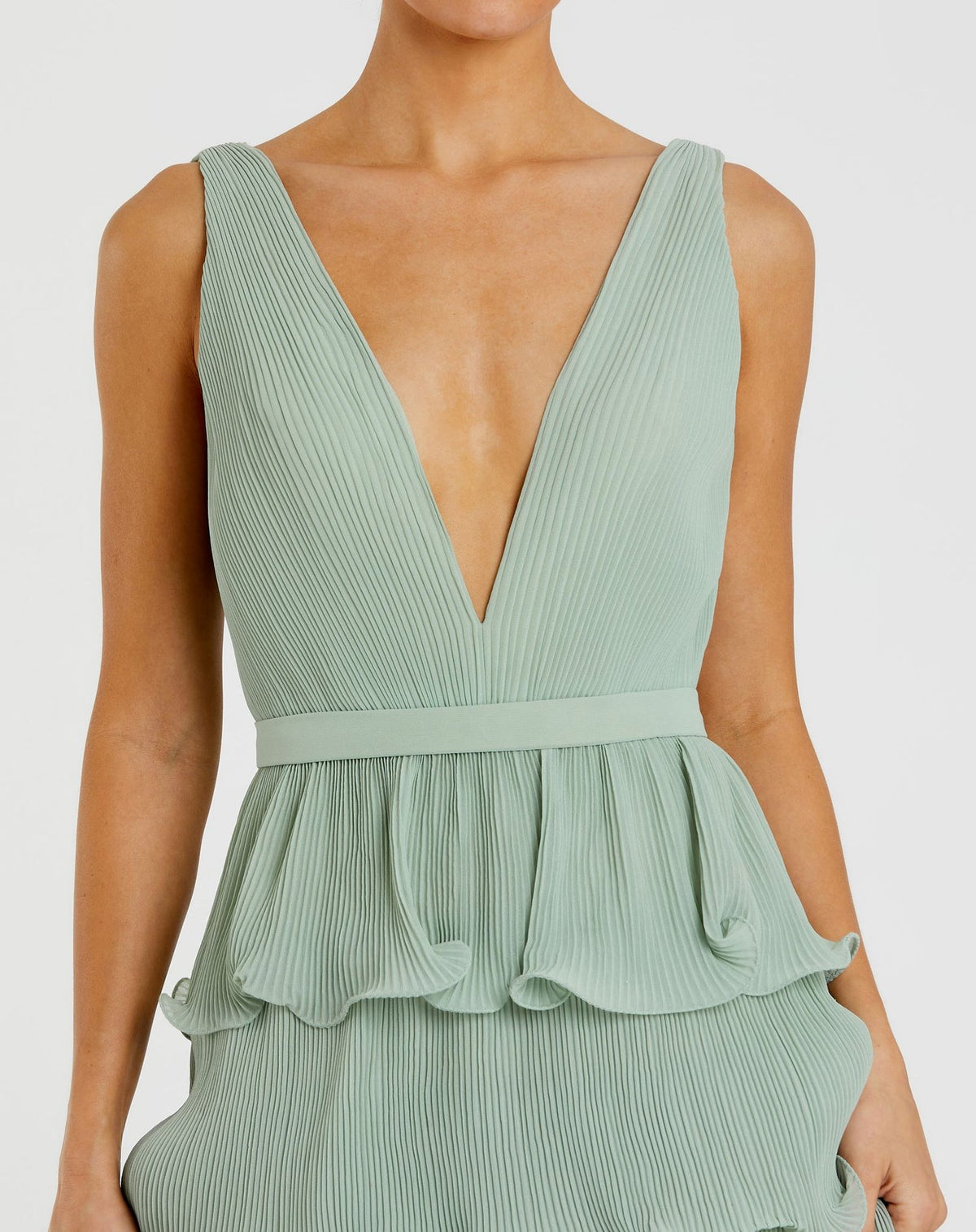Sleeveless V Neck Ruffle Tiered V Neck Gown - Sage
