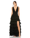 Mac Duggal #49054, Sleeveless V Neck Ruffle Tiered V Neck Gown - Black