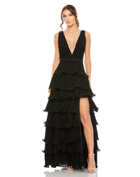 Mac Duggal #49054, Sleeveless V Neck Ruffle Tiered V Neck Gown - Black
