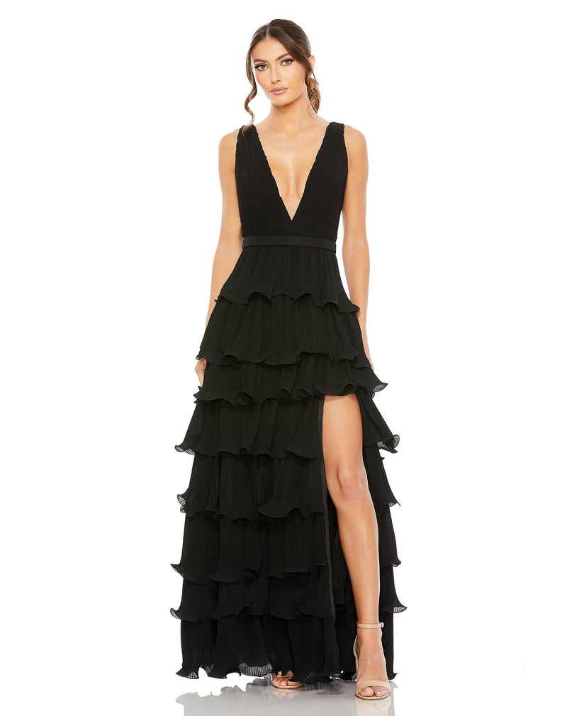 Mac Duggal #49054, Sleeveless V Neck Ruffle Tiered V Neck Gown - Black