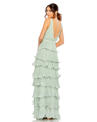 Sleeveless V Neck Ruffle Tiered V Neck Gown - Red