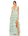 Mac Duggal #49054, Sleeveless V Neck Ruffle Tiered V Neck Gown - Sage