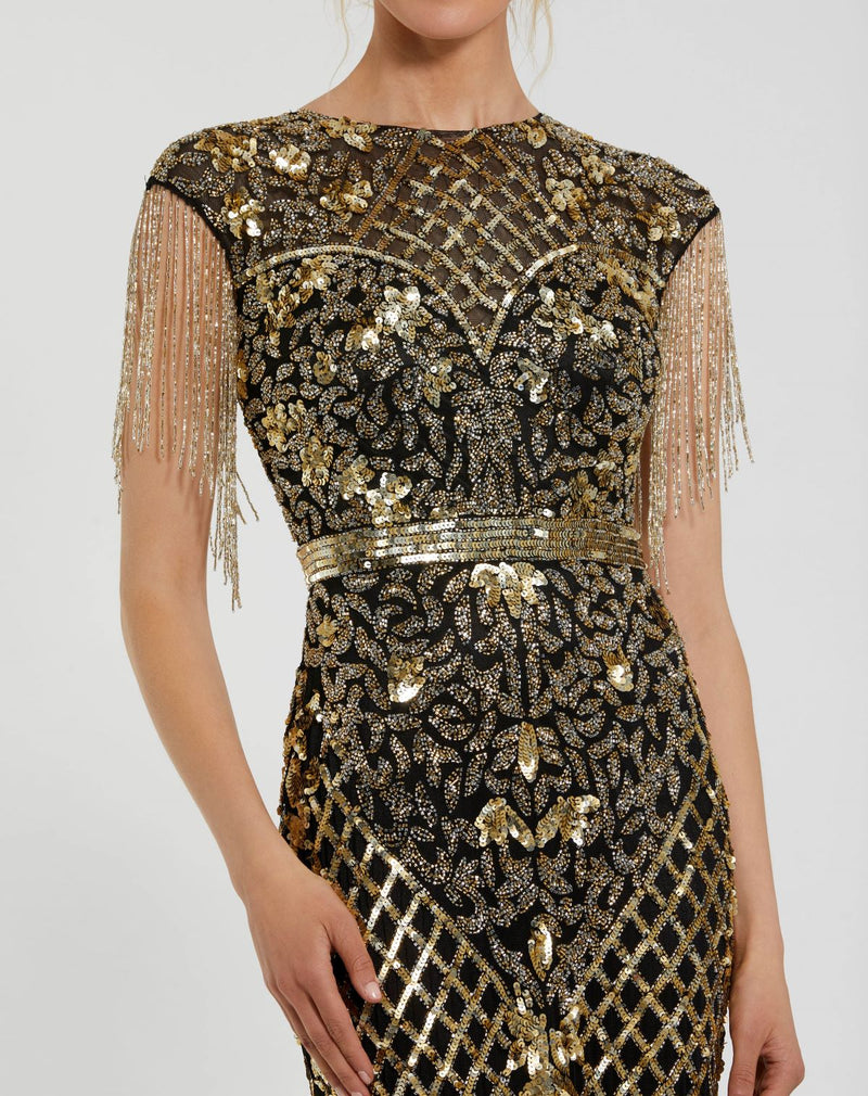 Black High Neck Sleeveless Beaded Fringe Fitted Gown - Sage