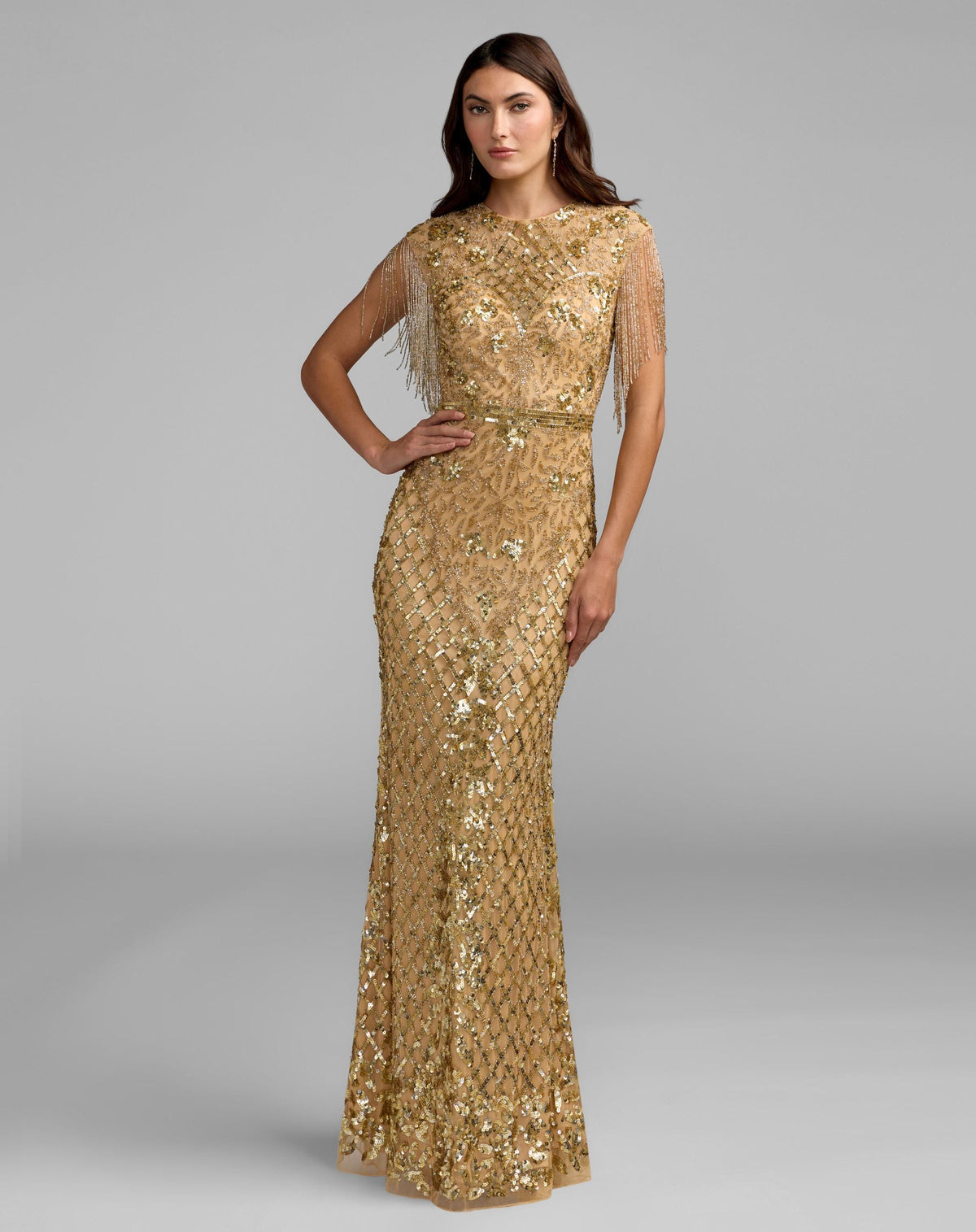 Mac Duggal #4908 gold high neck beaded fringe fitted gown