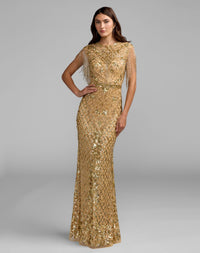 Mac Duggal #4908 gold high neck beaded fringe fitted gown