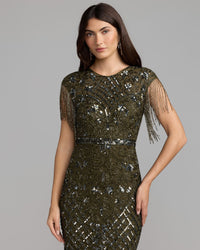 Mac Duggal #4908 olive high neck beaded fringe fitted gown