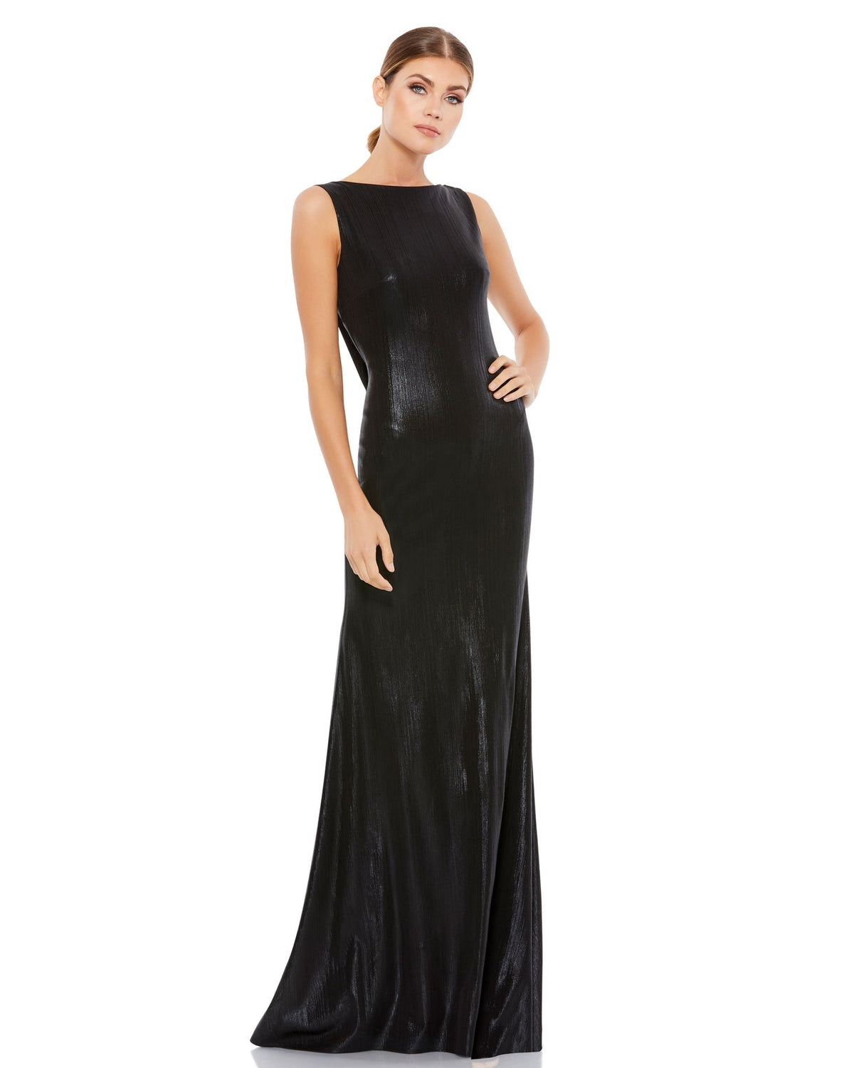 Mac Duggal Style #49087, Metallic cowl back column gown - Black