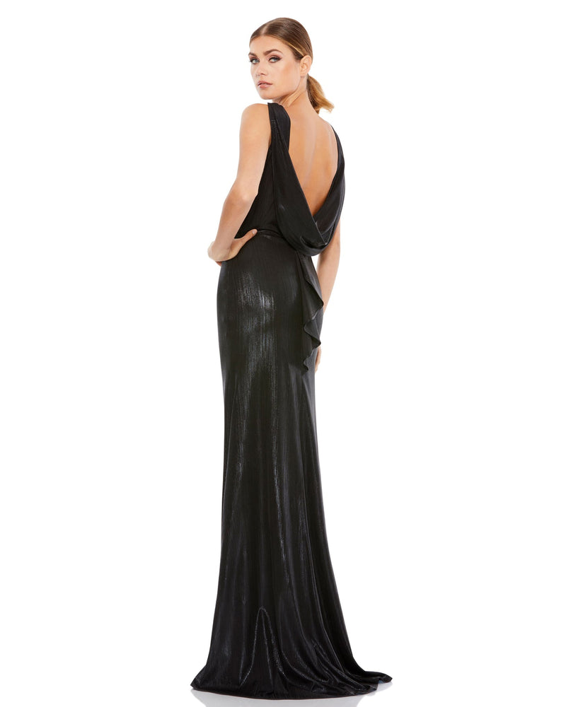 Mac Duggal Style #49087, Metallic cowl back column gown - Black side view