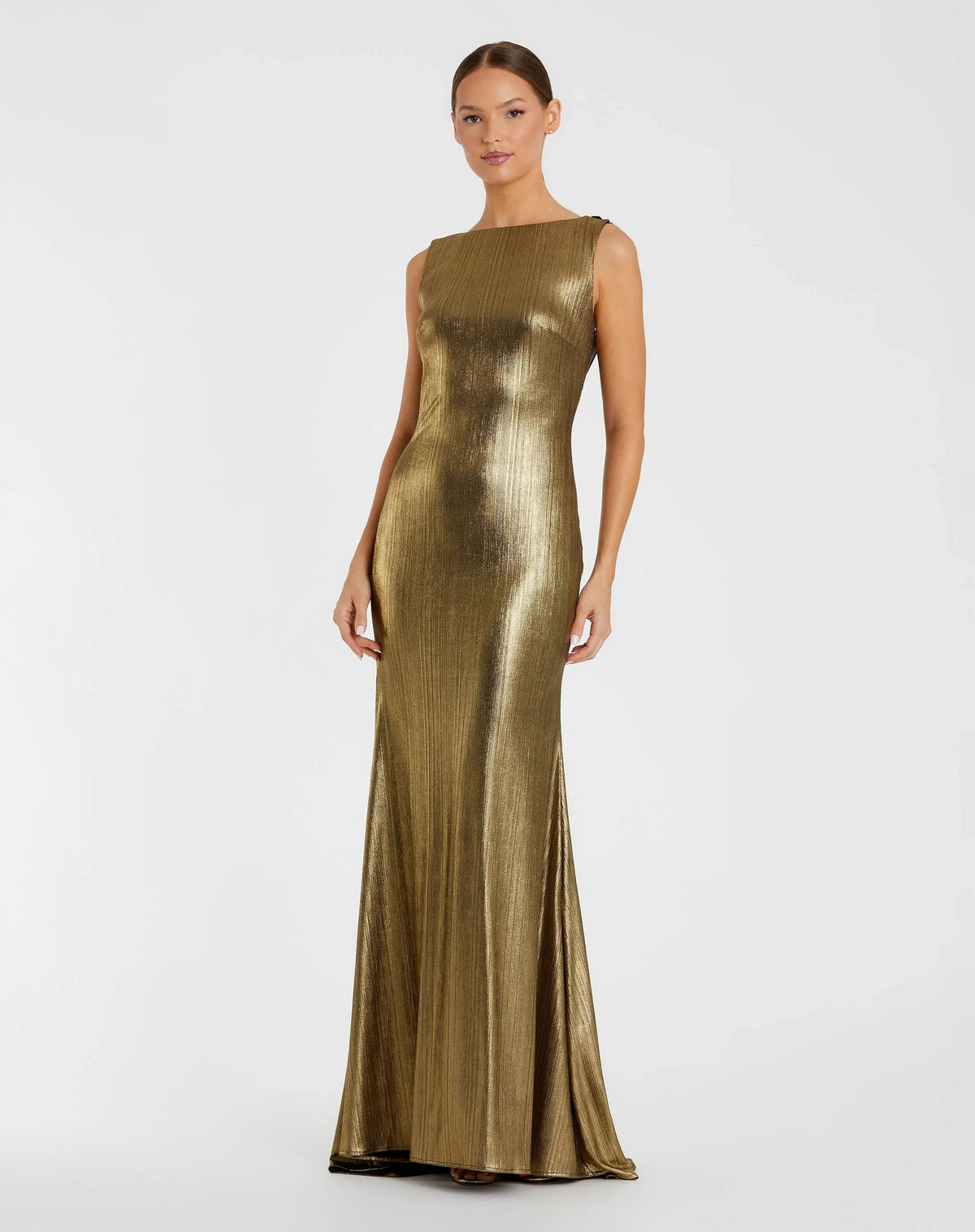 Mac Duggal #49087 Gold metallic jersey cowl back column gown