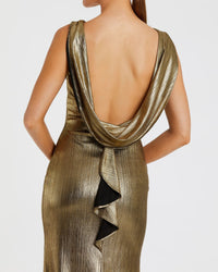 Mac Duggal #49087 Gold metallic jersey cowl back column gown detail
