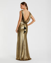 Mac Duggal #49087 Gold metallic jersey cowl open back gown