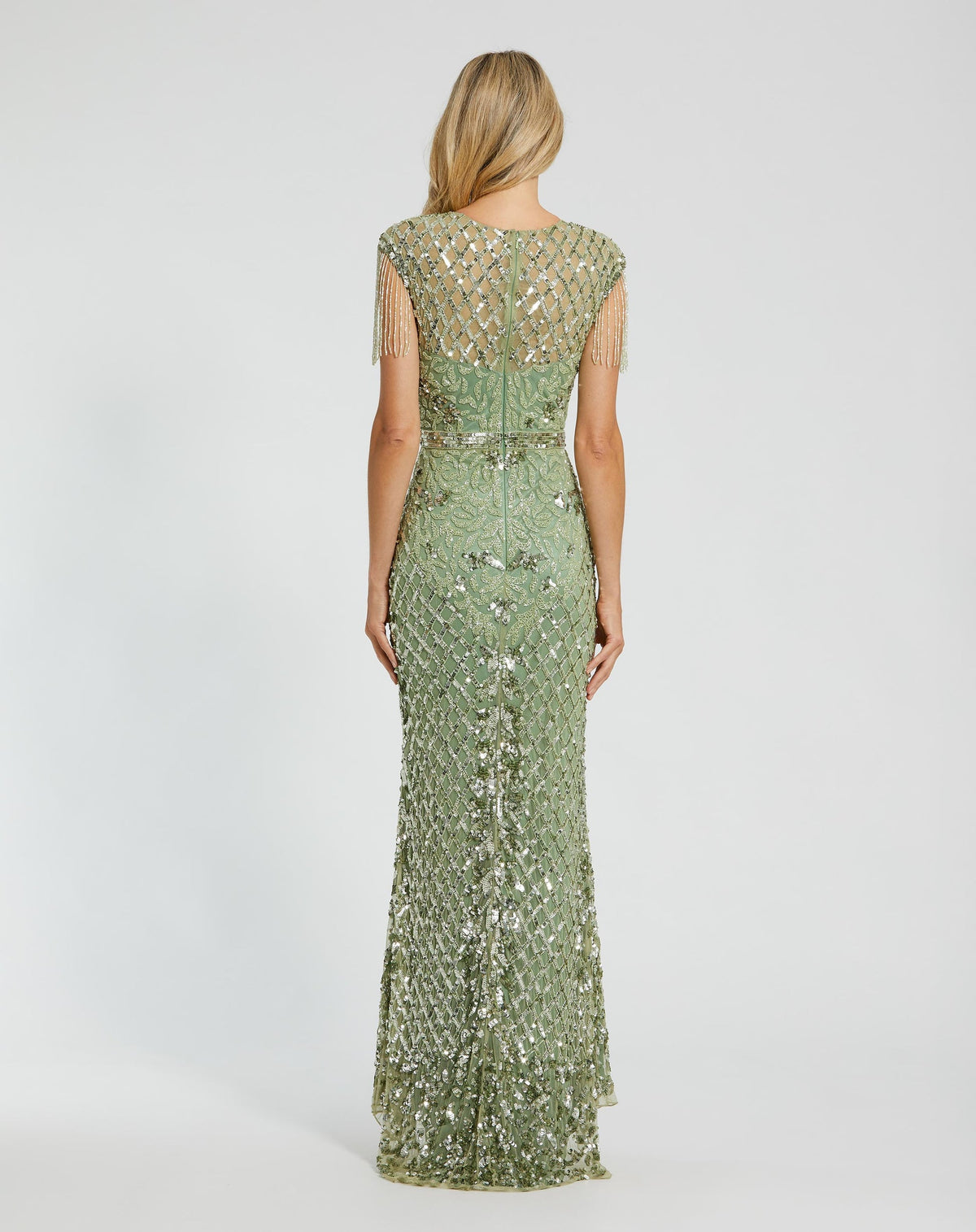 Black High Neck Sleeveless Beaded Fringe Fitted Gown - Sage
