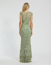 Black High Neck Sleeveless Beaded Fringe Fitted Gown - Sage