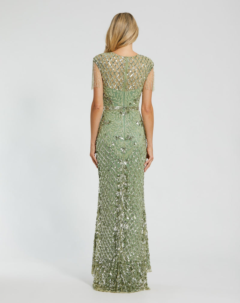 Black High Neck Sleeveless Beaded Fringe Fitted Gown - Sage