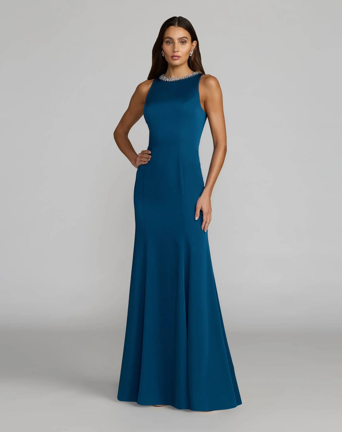 Mac Duggal 49093 Ocean Blue embellished neck trumpet gown - front