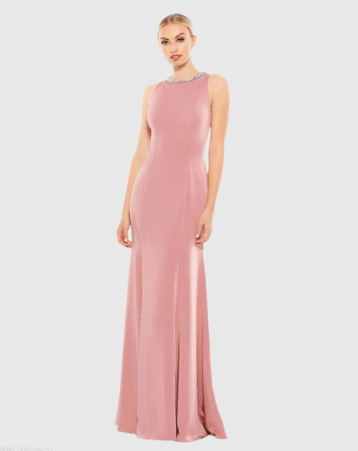 Mac Duggal 49093 Rose Pink embellished neck trumpet gown - front