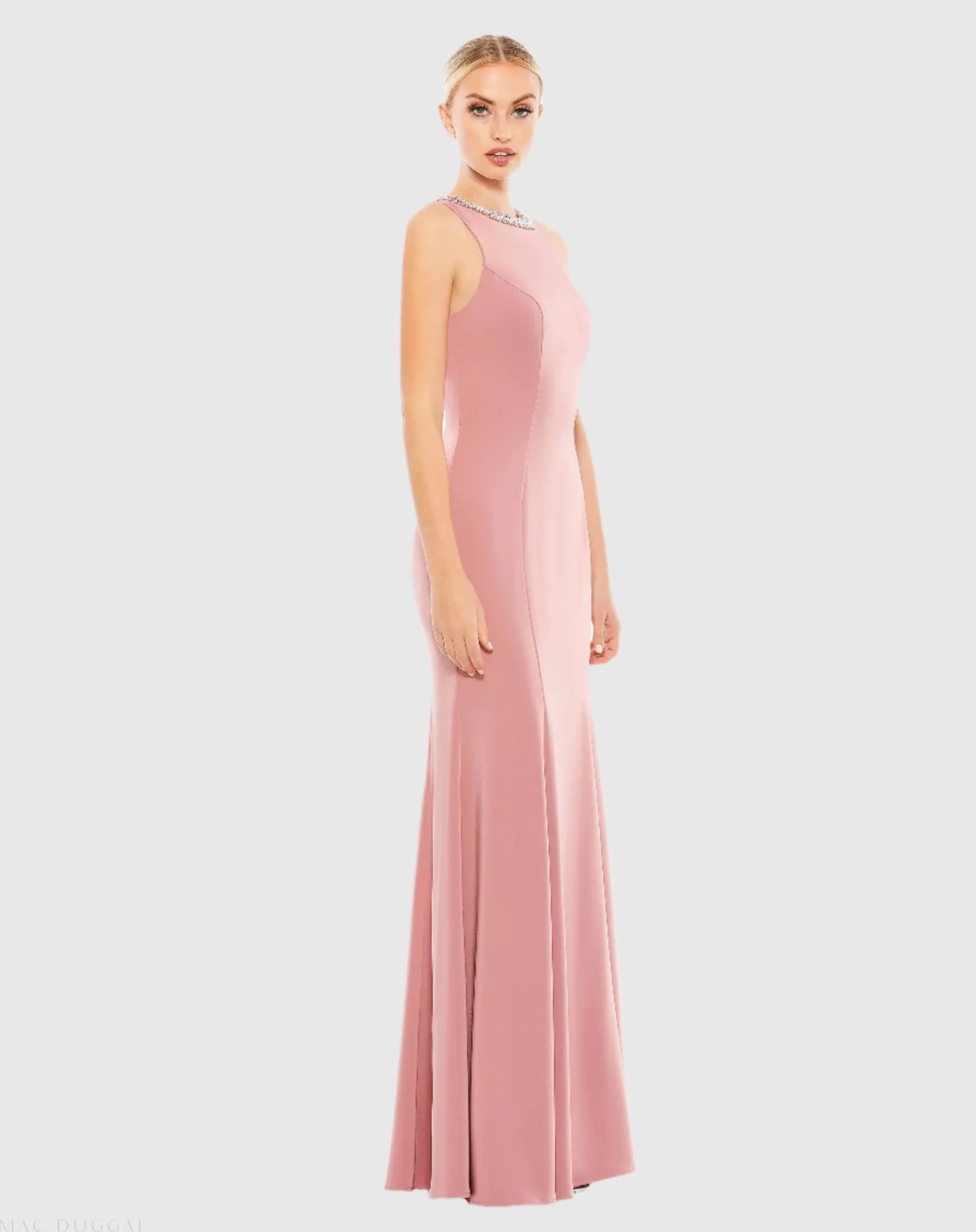 Mac Duggal 49093 Rose Pink embellished neck trumpet gown - side
