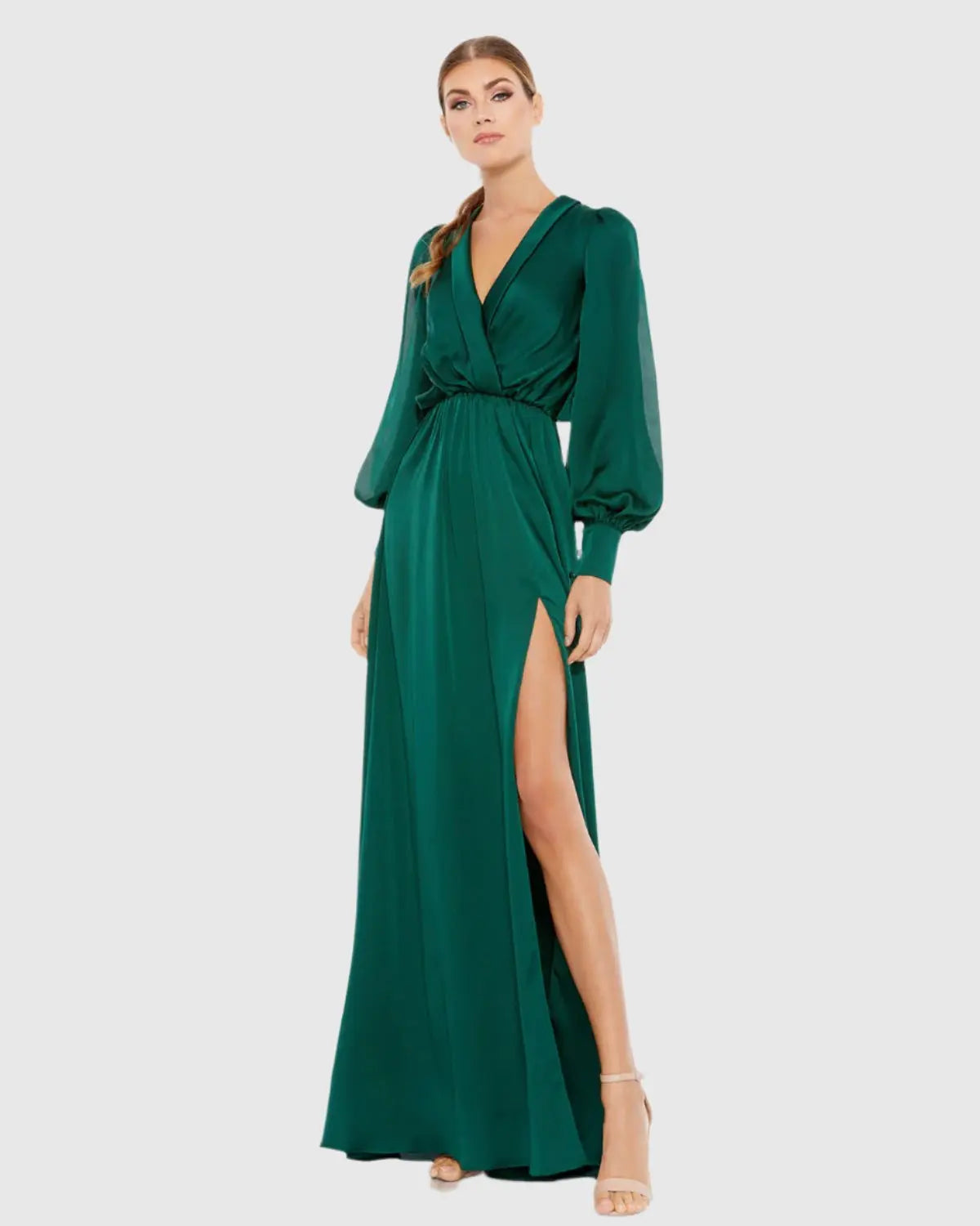 Mac Duggal Green Bishop Sleeve Faux Wrap Gown #49146 Emerald Green