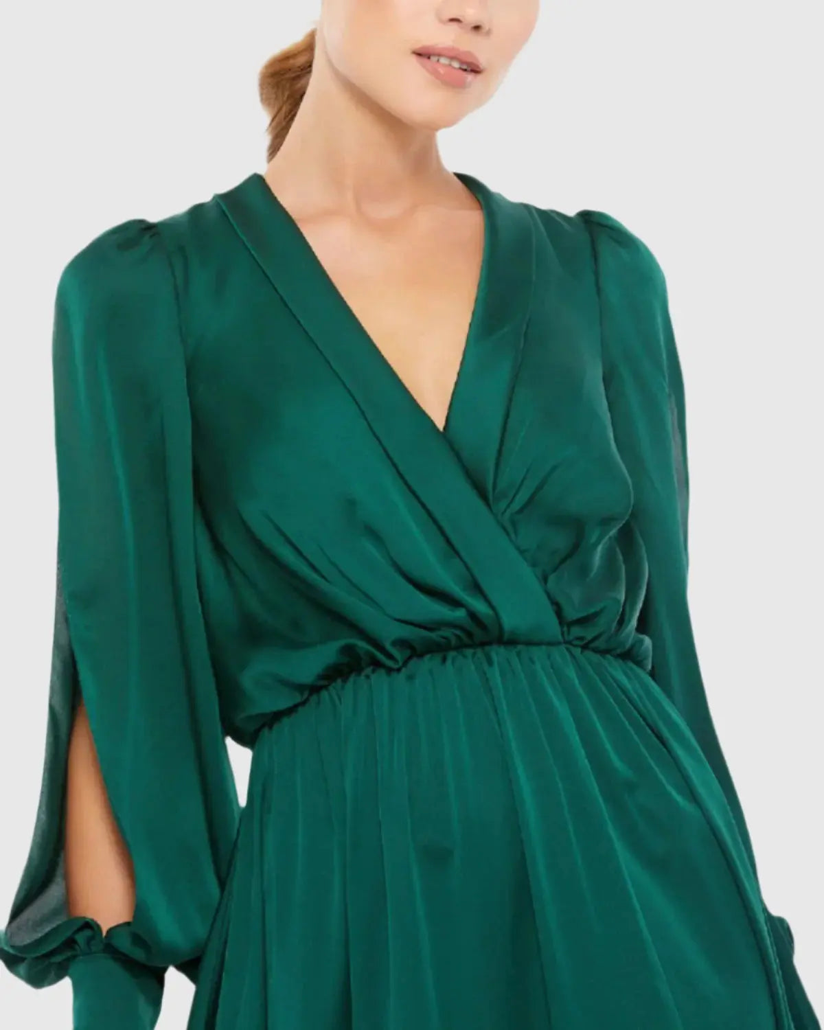 Bishop Sleeve Faux Wrap Gown - Emerald