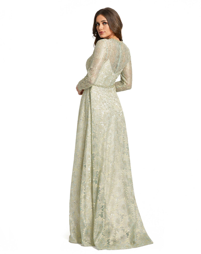 Mac Duggal, LONG SLEEVE FLORAL LAStyle #491881, sage greenCE GOWN,  side view