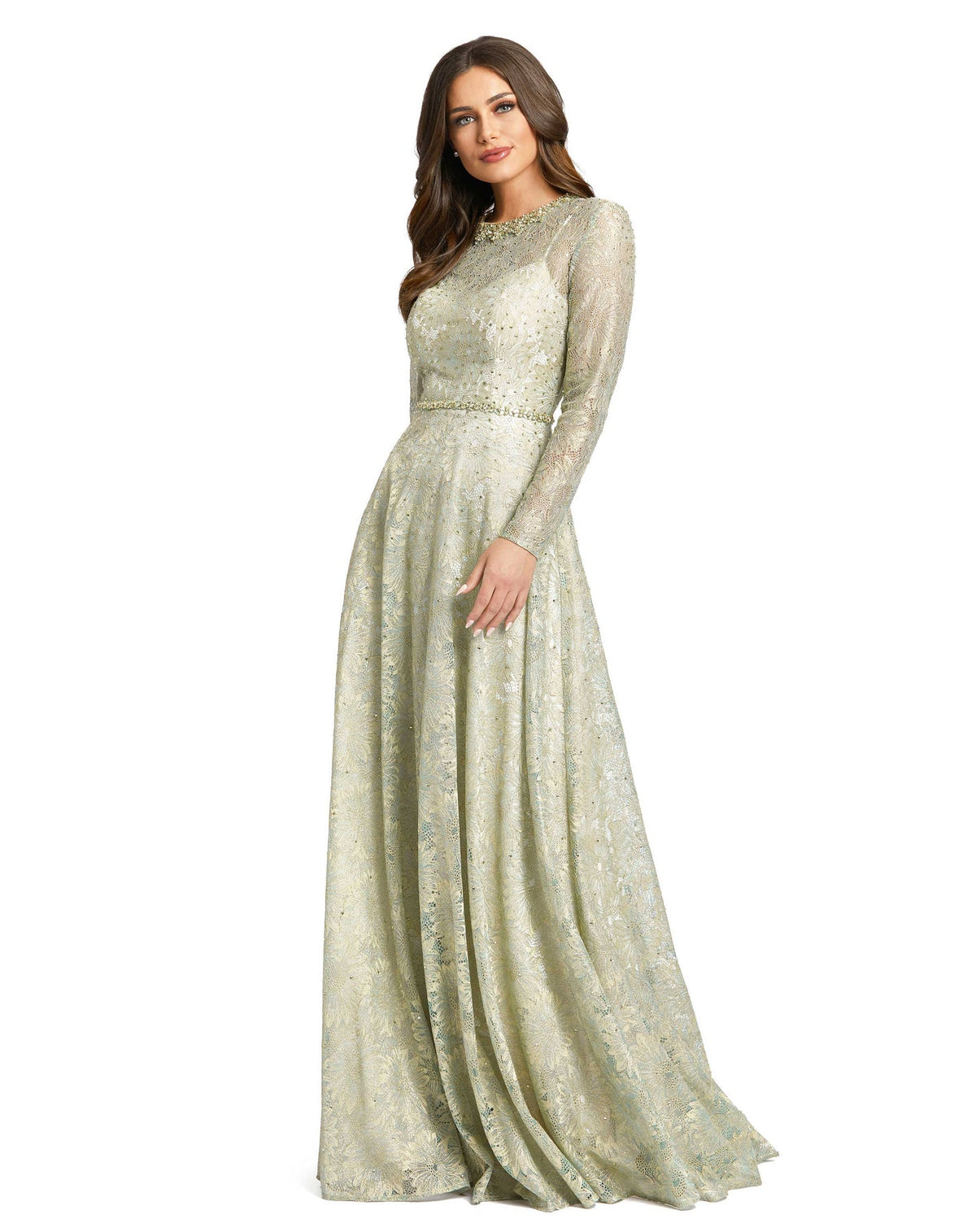 Mac Duggal, LONG SLEEVE FLORAL LAStyle #491881, sage greenCE GOWN, 