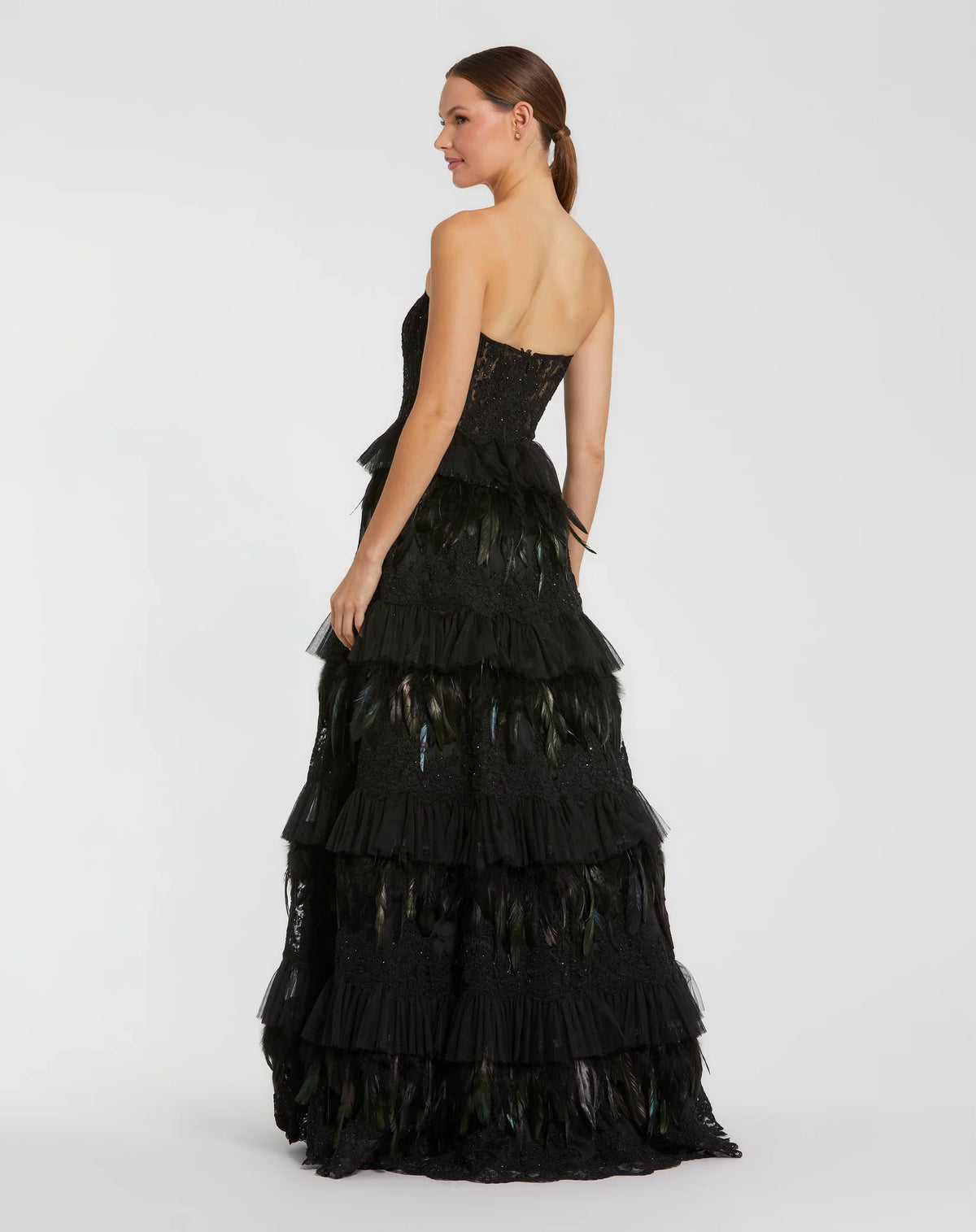 Mac Duggal Black Strapless Sweetheart Lace Tiered Feather Ball Gown #49194