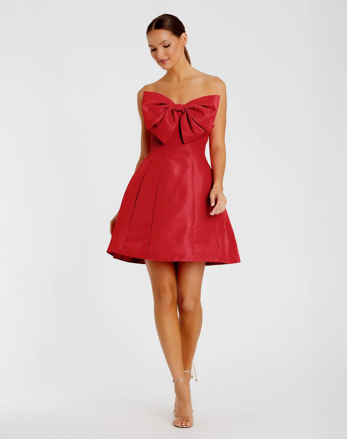 Mac Duggal #49210 red strapless oversized bow fit and flare mini dress