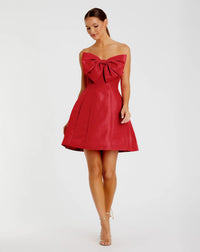 Mac Duggal #49210 red strapless oversized bow fit and flare mini dress