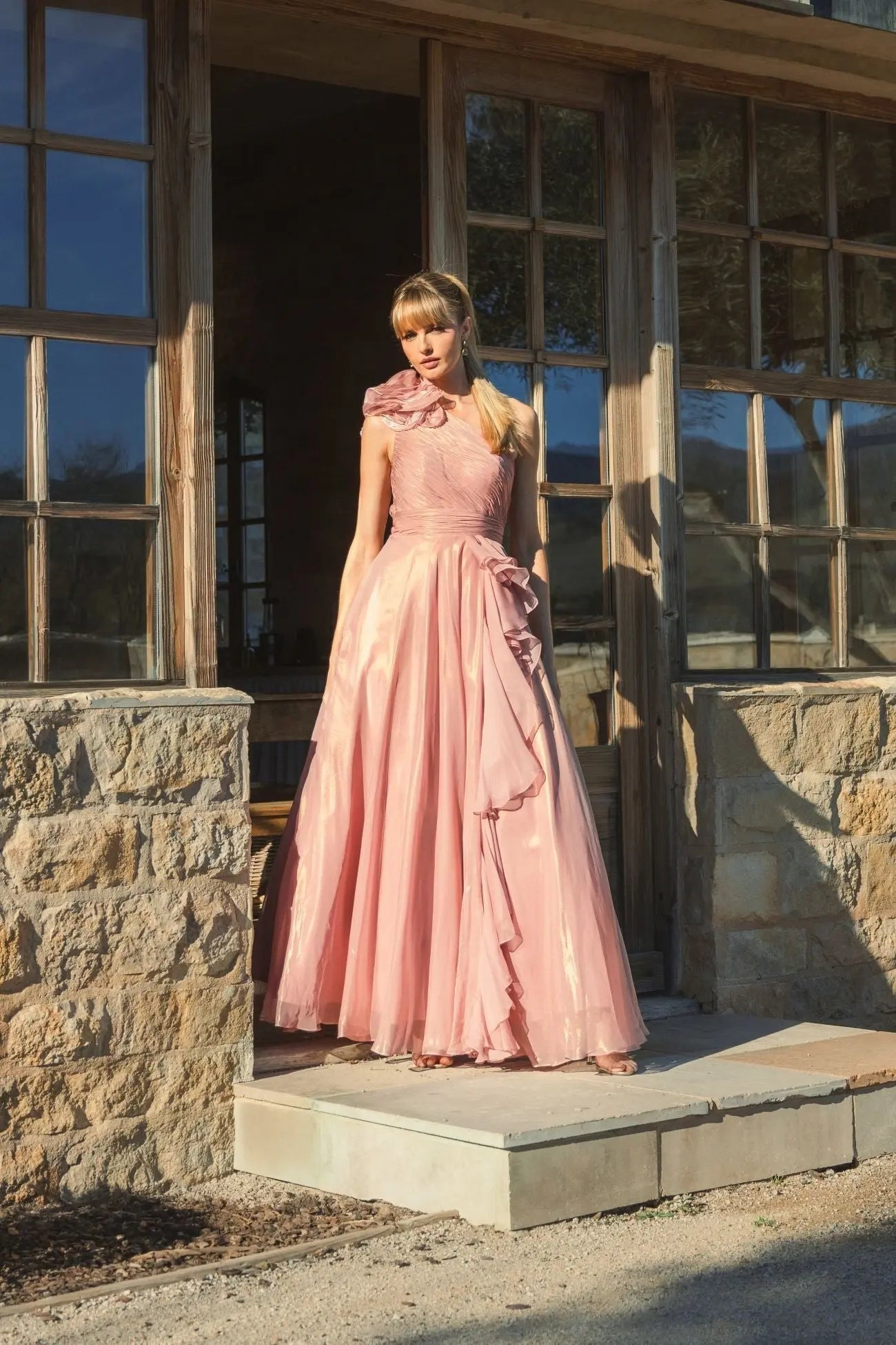 Mac Duggal #49252 rose gold asymmetric rosette ball gown