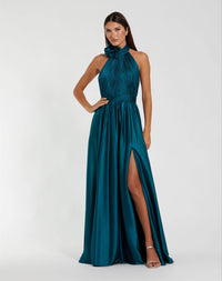 Mac Duggal #49333 Teal Halter Neck Open Back Satin Gown With Slit