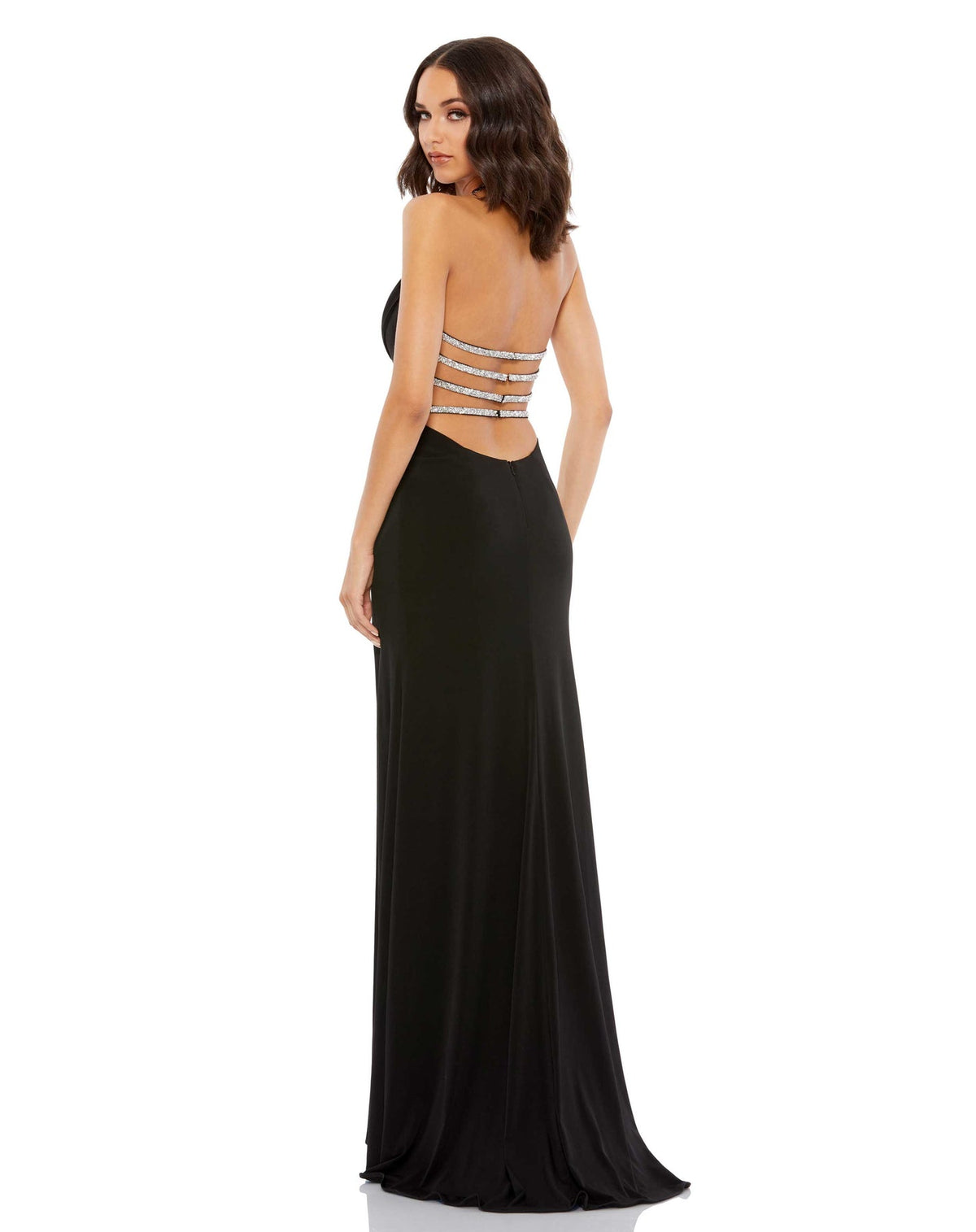 Mac Duggal, Style #49441, Cowl neck halter strap low back gown, Black back view