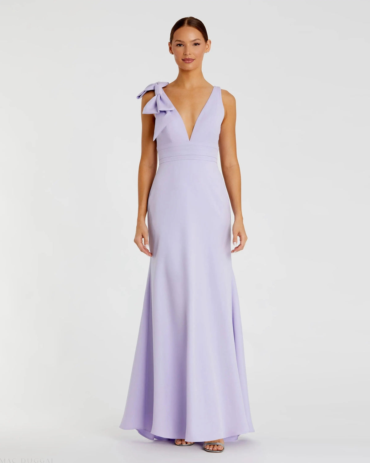 Mac Duggal #49454 lilac sleeveless v neck bow detail mermaid gown
