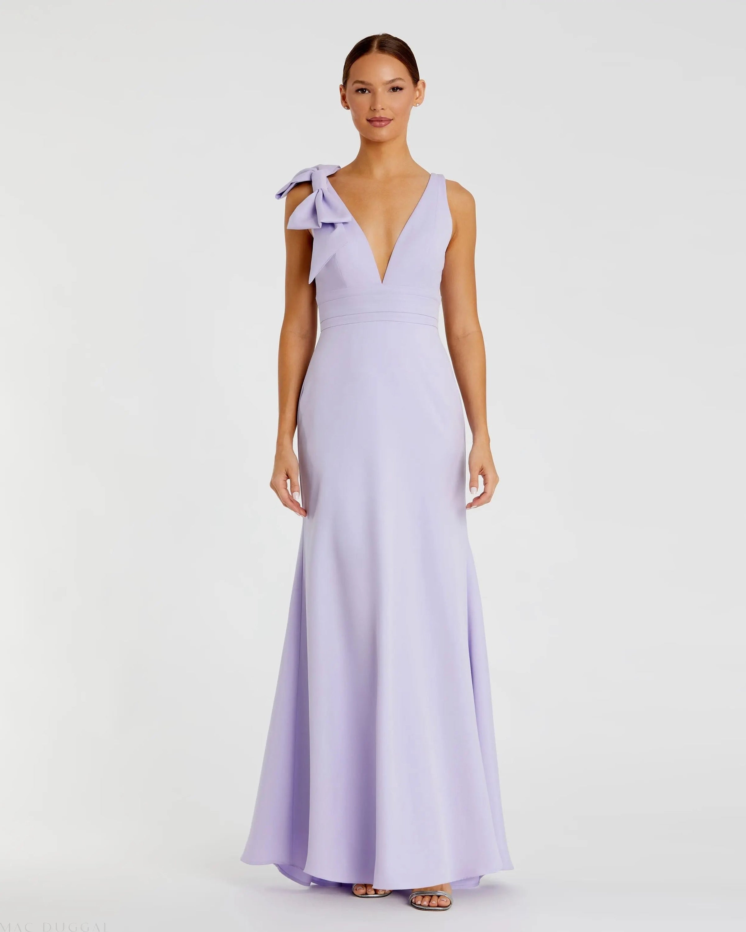 Mac Duggal #49454 lilac sleeveless v neck bow detail mermaid gown