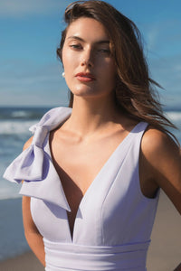Mac Duggal #49454 lilac sleeveless v neck bow detail mermaid gown