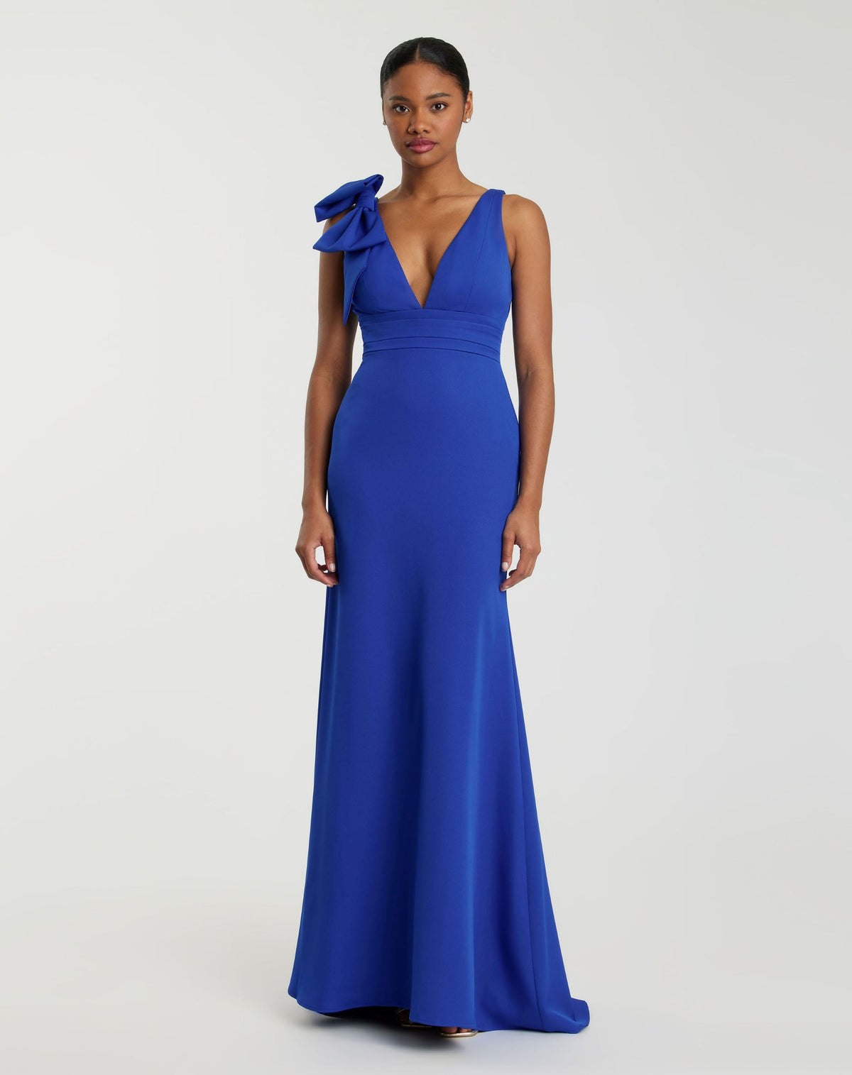 Mac Duggal Bridesmaids Dress Sleeveless V Neck Bow Detail Mermaid Gown #49454 Royal Blue