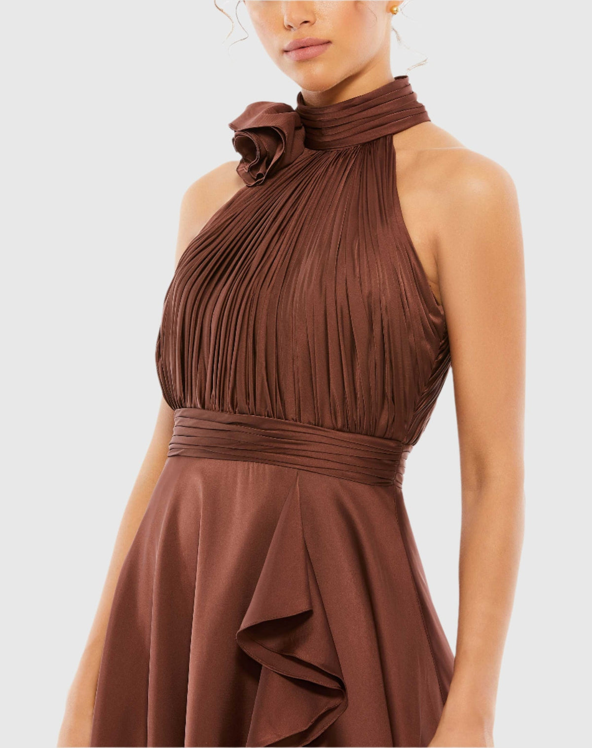 Mac Duggal, Midi Bridesmaids Dress Brown Halter Neck Flower Detail Ruffled Midi Dress #49488 Chocolate Brown | Shop Bridesmaids Dresses, Prom Dresses, Dresses, Wedding Guest Dresses, and Black Tie Evening Gowns Online Mac Duggal, Midi Bridesmaids Dress Brown Halter Neck Flower Detail Ruffled Midi Dress #49488 Chocolate Brown | Shop Bridesmaids Dresses, Prom Dresses, Dresses, Wedding Guest Dresses, and Black Tie Evening Gowns Online