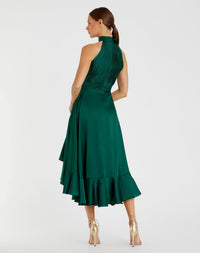 Halter Neck Flower Detail Ruffled Midi Dress - Emerald